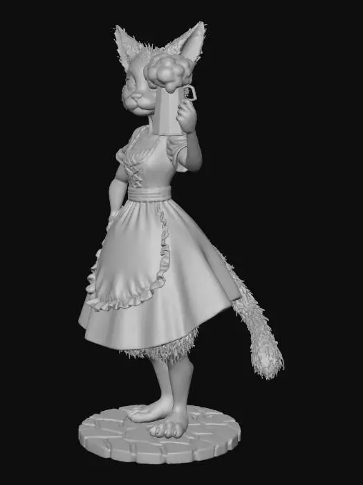 3D model for 32mm DnD miniature scale. Anime style, stylized, cute, high detail. Female catfolk tavern owner with human body, large cat ears, long swishing tail, and delicate paw-like feet (not human). She wears a clean, short dirndl-like tavern dress (green and white). Dynamic pose: holding a full beer mug high and winking. Clean lines, print-ready, optimized for resin 3D printing. Round cobblestone base.