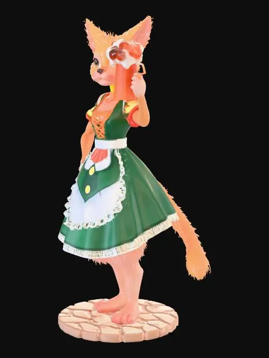 3D model for 32mm DnD miniature scale. Anime style, stylized, cute, high detail. Female catfolk tavern owner with human body, large cat ears, long swishing tail, and delicate paw-like feet (not human). She wears a clean, short dirndl-like tavern dress (green and white). Dynamic pose: holding a full beer mug high and winking. Clean lines, print-ready, optimized for resin 3D printing. Round cobblestone base.