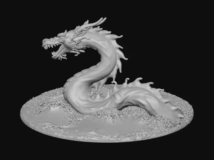 3D model for Create a hyperrealistic image of a transparent wave shaped like a gleaming chrome dragon in a turbulent ocean. The clear water displays intricate light reflections and dynamic splashes, with cinematic lighting and detailed textures.