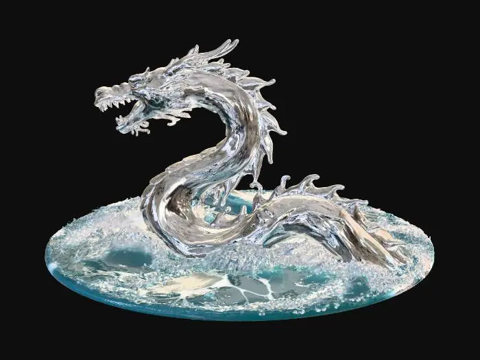 3D model for Create a hyperrealistic image of a transparent wave shaped like a gleaming chrome dragon in a turbulent ocean. The clear water displays intricate light reflections and dynamic splashes, with cinematic lighting and detailed textures.