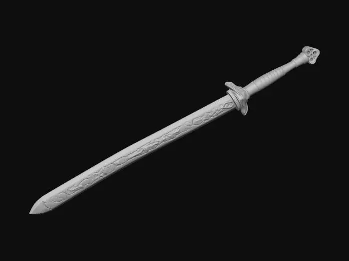 3D model for A large fantasy sword with a iridescent purple-and-blue blade in her left hand, with the tip resting on the ground. The style is semi-realistic, similar to Overwatch or Fortnite, with clean textures suitable for 3D printing. No one is holding the sword