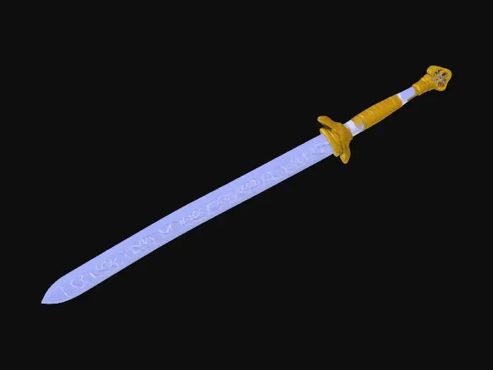 3D model for A large fantasy sword with a iridescent purple-and-blue blade in her left hand, with the tip resting on the ground. The style is semi-realistic, similar to Overwatch or Fortnite, with clean textures suitable for 3D printing. No one is holding the sword