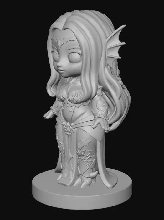 3D model for A 3D printable STL model of the sea siren character from image_6.png, rendered in a cute chibi style. The figure has an oversized head with large, expressive eyes and stubby proportions. It precisely retains all features: fin ears, dark hair, blue scaled bikini armor, gauntlets, intricate silver body chains and jewelry, scaled leggings, clawed feet, and the sheer skirt with water patterns. All thin details, including fins, chains, and skirt edges, are thickened to ensure solid, manifold geometry suitable for 3D printing. The model stands on a simple circular base.