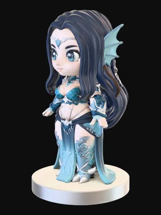 3D model for A 3D printable STL model of the sea siren character from image_6.png, rendered in a cute chibi style. The figure has an oversized head with large, expressive eyes and stubby proportions. It precisely retains all features: fin ears, dark hair, blue scaled bikini armor, gauntlets, intricate silver body chains and jewelry, scaled leggings, clawed feet, and the sheer skirt with water patterns. All thin details, including fins, chains, and skirt edges, are thickened to ensure solid, manifold geometry suitable for 3D printing. The model stands on a simple circular base.