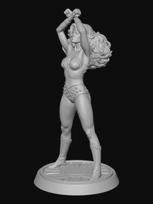 3D model for A high-quality 3D printable STL model of Wonder Woman, capturing the classic 1987 George Pérez design. The figure is a solid, manifold mesh optimized for resin printing. She stands in a triumphant heroic pose, looking up, with wrists crossed above her head. The costume is fully sculpted with physical details: bustier with raised eagle emblem, trunks with star textures, bracelets, and boots. Her curly hair is rendered as detailed, printable geometry. The figure stands on a base featuring a sunburst relief. No floating text or 2D background elements; the output is a detailed untextured mesh ready for slicing.