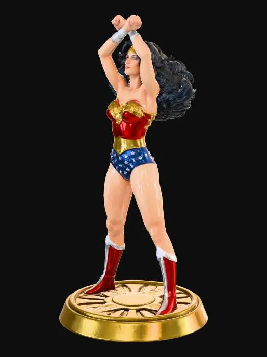 3D model for A high-quality 3D printable STL model of Wonder Woman, capturing the classic 1987 George Pérez design. The figure is a solid, manifold mesh optimized for resin printing. She stands in a triumphant heroic pose, looking up, with wrists crossed above her head. The costume is fully sculpted with physical details: bustier with raised eagle emblem, trunks with star textures, bracelets, and boots. Her curly hair is rendered as detailed, printable geometry. The figure stands on a base featuring a sunburst relief. No floating text or 2D background elements; the output is a detailed untextured mesh ready for slicing.