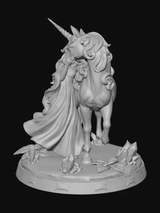 3D model for 3D printable figure of Lady Amalthea from The Last Unicorn standing gracefully beside her white unicorn form, nuzzling together in a magical pose, Lady in flowing lavender gown with long wavy blonde hair, unicorn with swirling mane and horn, on a round base with purple crystal clusters, dark leaves, and starry blue terrain, anime-inspired style with smooth curves and high detail for resin printing, overall height 150mm, stable and print-optimized without heavy overhangs.