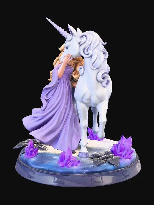 3D model for 3D printable figure of Lady Amalthea from The Last Unicorn standing gracefully beside her white unicorn form, nuzzling together in a magical pose, Lady in flowing lavender gown with long wavy blonde hair, unicorn with swirling mane and horn, on a round base with purple crystal clusters, dark leaves, and starry blue terrain, anime-inspired style with smooth curves and high detail for resin printing, overall height 150mm, stable and print-optimized without heavy overhangs.