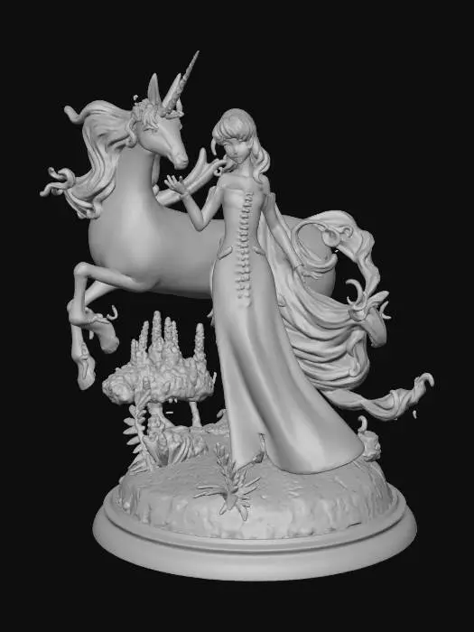 3D model for 3D printable figure of Lady Amalthea from The Last Unicorn standing gracefully beside her white unicorn form, nuzzling together in a magical pose, Lady in flowing lavender gown with long wavy blonde hair, unicorn with swirling mane and horn, on a round base with purple crystal clusters, dark leaves, and starry blue terrain, anime-inspired style with smooth curves and high detail for resin printing, overall height 150mm, stable and print-optimized without heavy overhangs.