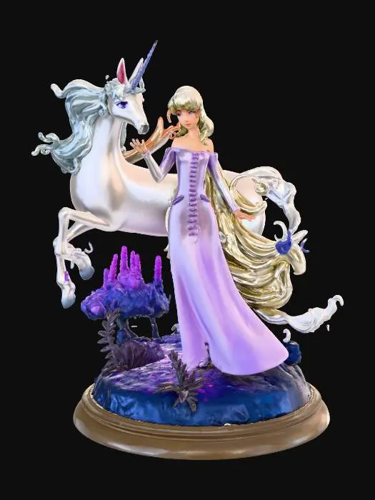 3D model for 3D printable figure of Lady Amalthea from The Last Unicorn standing gracefully beside her white unicorn form, nuzzling together in a magical pose, Lady in flowing lavender gown with long wavy blonde hair, unicorn with swirling mane and horn, on a round base with purple crystal clusters, dark leaves, and starry blue terrain, anime-inspired style with smooth curves and high detail for resin printing, overall height 150mm, stable and print-optimized without heavy overhangs.