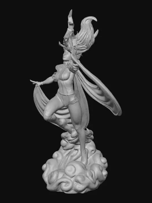 3D model for A high-quality digital sculpt of Marvel's Storm (Ororo Munroe) in her classic 1990s Jim Lee era white costume. She is in a dynamic, ascending flying pose with one knee bent, her cape billowing dramatically and attached to her wrists. She has long, flowing white hair (no mohawk) and is summoning jagged, sculpted lightning effects from her raised hand. The image should have the aesthetic of a ZBrush render or a grey unpainted resin prototype, emphasizing crisp details, strong muscular definition, and clear geometry suitable for 3D printing. 8k resolution, neutral background, intricate diorama cloud base.