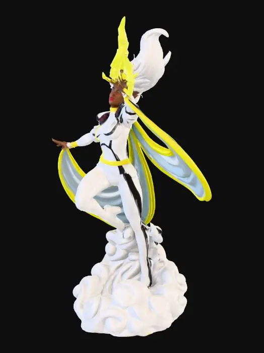 3D model for A high-quality digital sculpt of Marvel's Storm (Ororo Munroe) in her classic 1990s Jim Lee era white costume. She is in a dynamic, ascending flying pose with one knee bent, her cape billowing dramatically and attached to her wrists. She has long, flowing white hair (no mohawk) and is summoning jagged, sculpted lightning effects from her raised hand. The image should have the aesthetic of a ZBrush render or a grey unpainted resin prototype, emphasizing crisp details, strong muscular definition, and clear geometry suitable for 3D printing. 8k resolution, neutral background, intricate diorama cloud base.