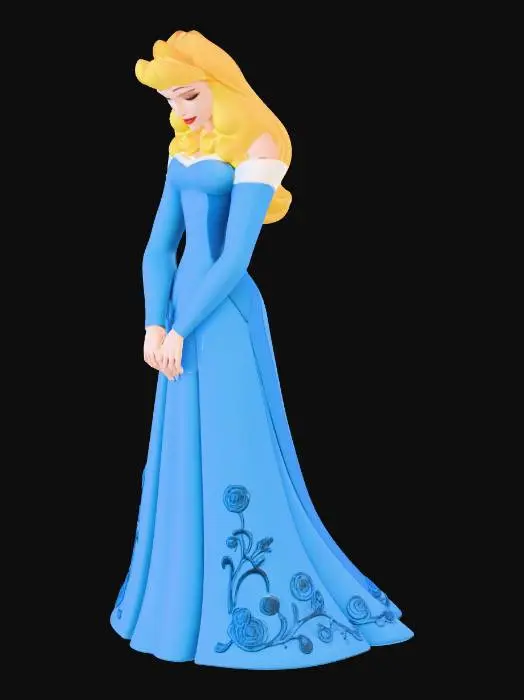 3D model for High-quality 3D digital render of a collectible figurine with Disney’s Princess Aurora. Aurora has long wavy blonde hair and a blue off-the-shoulder ballgown with rose embroidery. The style is a smooth resin statue with a matte finish. Solid white background with professional studio lighting to highlight textures and silhouettes.