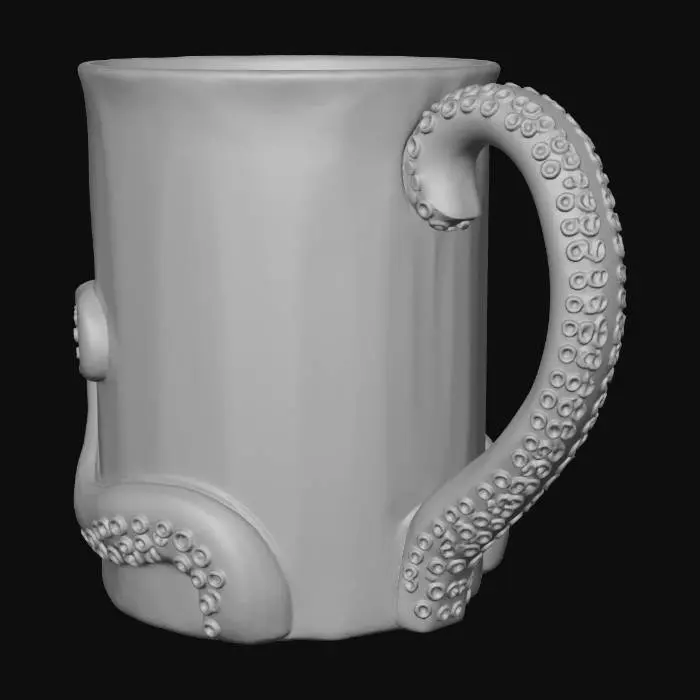 3D model for A solid, 3D printable ceramic mug model based on the reference images image_5.png and image_6.png. The mug features a thick, sculpted purple octopus tentacle acting as the handle, complete with detailed, raised suction cup textures, wrapping onto the cream-colored mug body. On the front of the mug, the text "LET'S GET Kraken!" is rendered as raised, embossed relief geometry on the surface, matching the handwritten script and font style seen in image_5.png. On the opposite side of the mug, the text "REFUSE TO Sink" is also rendered as raised, sculpted relief letters, matching the script style in image_6.png. The interior is dark purple. Watertight mesh suitable for 3D printing.