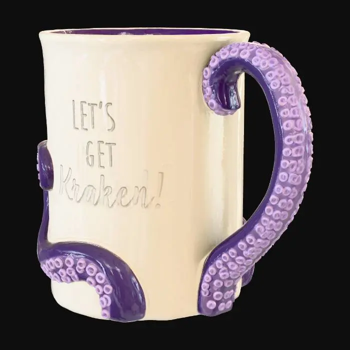 3D model for A solid, 3D printable ceramic mug model based on the reference images image_5.png and image_6.png. The mug features a thick, sculpted purple octopus tentacle acting as the handle, complete with detailed, raised suction cup textures, wrapping onto the cream-colored mug body. On the front of the mug, the text "LET'S GET Kraken!" is rendered as raised, embossed relief geometry on the surface, matching the handwritten script and font style seen in image_5.png. On the opposite side of the mug, the text "REFUSE TO Sink" is also rendered as raised, sculpted relief letters, matching the script style in image_6.png. The interior is dark purple. Watertight mesh suitable for 3D printing.