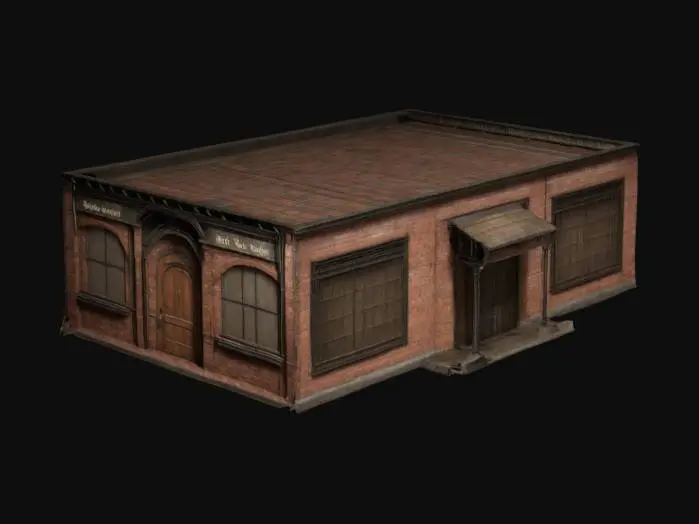 3D model for 1920s style speakeasy, run down, lower class socioeconomic status, high resolution, intricately detailed, metal and wood and brick construction, fine details, highly realistic, historically accurate, muted tones, nice textures, turn of the century aesthetic, exterior