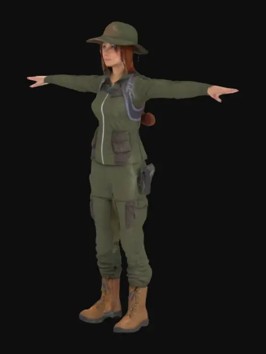 3D model for female adventurer, wearing hiking outfit, in T-pose