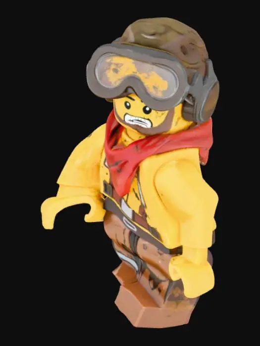 3D model for 3D model of a custom LEGO minifigure character, survival theme. The minifig is exhausted and weary. His yellow skin is covered in dirt smudges and subtle scratches. He has a tired but determined expression. He wears a cracked and dusty pilot goggles pushed up on his forehead. A grimy, tattered red bandana is tied around his neck. His torso print is faded and scraped, revealing the base plastic color underneath. He has a makeshift tool belt made from tape and string, holding a small wrench and a roll of duct tape. One of his hands is replaced with a hook. Rendered in high detail with soft studio lighting, isometric view, on a white background, Blender render style.