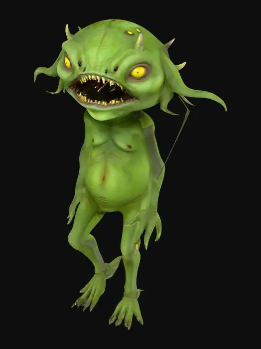 3D model for Ein kleiner Wasserdämon von rund einem Meter Größe, knochig und drahtig gebaut. Seine Haut ist blassgrün, feucht glänzend und stellenweise fast durchsichtig, sodass Adern schwach hindurchschimmern. Der Kopf wirkt übergroß, länglich, mit hoher Stirn und eingefallenen Wangen. Große, rundliche Augen in gelblich-bernsteinfarbenem Ton leuchten schwach im Dunkeln. Das breite Maul zeigt spitze, nadelartige Zähne. Die langen, dünnen Arme enden in knotigen Händen mit sechs bis acht verlängerten Fingern, an deren Spitzen kleine Saugnapf-Ansätze sitzen. Die Beine erinnern an Frösche: mager, aber kräftig, mit Schwimmhäuten zwischen den Zehen. Am Hals liegen feine Kiemenschlitze. Haut und Glieder tragen Reste von Algen und Wasserpflanzen.

