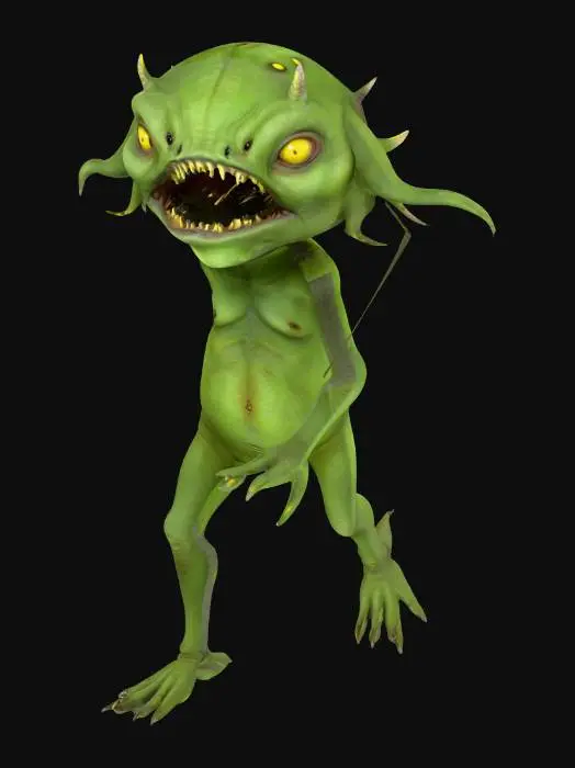 3D model for Ein kleiner Wasserdämon von rund einem Meter Größe, knochig und drahtig gebaut. Seine Haut ist blassgrün, feucht glänzend und stellenweise fast durchsichtig, sodass Adern schwach hindurchschimmern. Der Kopf wirkt übergroß, länglich, mit hoher Stirn und eingefallenen Wangen. Große, rundliche Augen in gelblich-bernsteinfarbenem Ton leuchten schwach im Dunkeln. Das breite Maul zeigt spitze, nadelartige Zähne. Die langen, dünnen Arme enden in knotigen Händen mit sechs bis acht verlängerten Fingern, an deren Spitzen kleine Saugnapf-Ansätze sitzen. Die Beine erinnern an Frösche: mager, aber kräftig, mit Schwimmhäuten zwischen den Zehen. Am Hals liegen feine Kiemenschlitze. Haut und Glieder tragen Reste von Algen und Wasserpflanzen.
