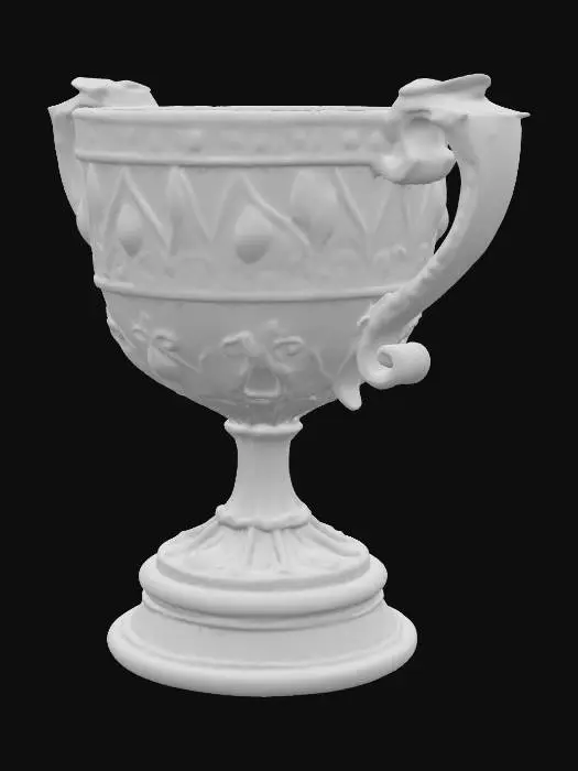 3D model for Majestic House Cup trophy, a grand goblet with combined accents of crimson, gold, emerald green, silver, deep blue, bronze, warm yellow, and black, gothic magical design. Dark polished wooden base with ornate brass details, no plaques or inscriptions. Elegant handles shaped in flowing ornamental curves, inlaid with glowing rubies, emeralds, sapphires, topaz, onyx, and crystal gemstones. The surface of the cup shimmers with a radiant blend of red, green, blue, and yellow highlights, glowing faintly with magic. Rim decorated with subtle multi-colored jewel details. The base carved with ancient runes softly illuminated in shifting colored light. Surrounded by cinematic glow, enchanted mist, ultra-detailed textures, film prop style, 8K.