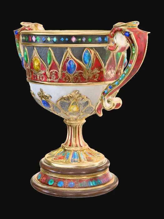 3D model for Majestic House Cup trophy, a grand goblet with combined accents of crimson, gold, emerald green, silver, deep blue, bronze, warm yellow, and black, gothic magical design. Dark polished wooden base with ornate brass details, no plaques or inscriptions. Elegant handles shaped in flowing ornamental curves, inlaid with glowing rubies, emeralds, sapphires, topaz, onyx, and crystal gemstones. The surface of the cup shimmers with a radiant blend of red, green, blue, and yellow highlights, glowing faintly with magic. Rim decorated with subtle multi-colored jewel details. The base carved with ancient runes softly illuminated in shifting colored light. Surrounded by cinematic glow, enchanted mist, ultra-detailed textures, film prop style, 8K.