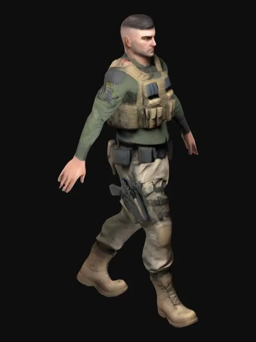 3D model for 3D male soldier character in a realistic yet slightly stylized low-poly art style, modern military operator with stern expression, short military haircut, light beard, tactical combat vest with pouches, radio, long-sleeved camouflage uniform, reinforced combat pants, knee pads, heavy-duty boots, tactical gloves, sidearm holster, utility belt with pouches, grenades, slightly larger head-to-body ratio, in T-pose or A-pose for rigging.