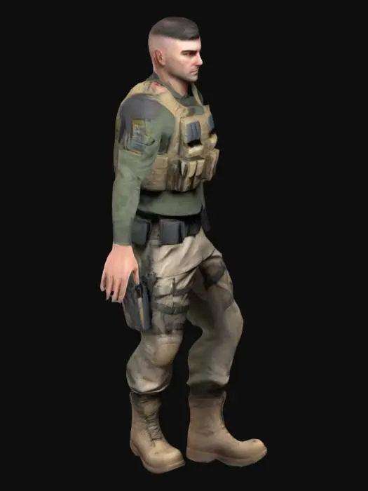 3D model for 3D male soldier character in a realistic yet slightly stylized low-poly art style, modern military operator with stern expression, short military haircut, light beard, tactical combat vest with pouches, radio, long-sleeved camouflage uniform, reinforced combat pants, knee pads, heavy-duty boots, tactical gloves, sidearm holster, utility belt with pouches, grenades, slightly larger head-to-body ratio, in T-pose or A-pose for rigging.