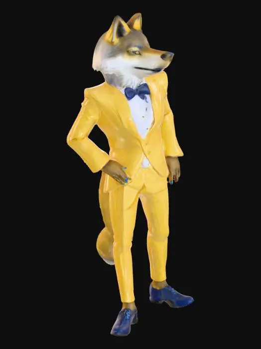 3D model for An anthropomorphic Wolf wearing a golden tuxedo and blue shoes