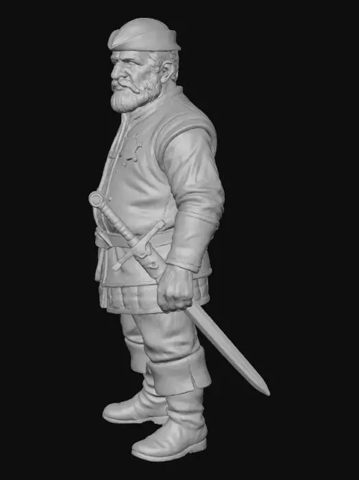 3D model for A full body fantasy art piece depicting Schultz Meistersson, the venerable town sheriff of Spielburg. He stands with a grounded, authoritative presence, his frame still powerful but clearly having seen many seasons. His face is rugged, with lines around his eyes from sun and hard living, and a thoughtful, perhaps slightly weary, expression. He has a neatly trimmed beard, perhaps with streaks of grey. His attire is practical but well-crafted: a dark leather jerkin over a tunic, sturdy breeches, and worn but strong boots. He carries a practical, but subtly ornate, sheriff's badge on his chest. A well-used but cared-for sword rests within easy reach. The background is softly blurred, hinting at the quaint, rustic charm of Spielburg, emphasizing Schultz as the central, steadfast figure.