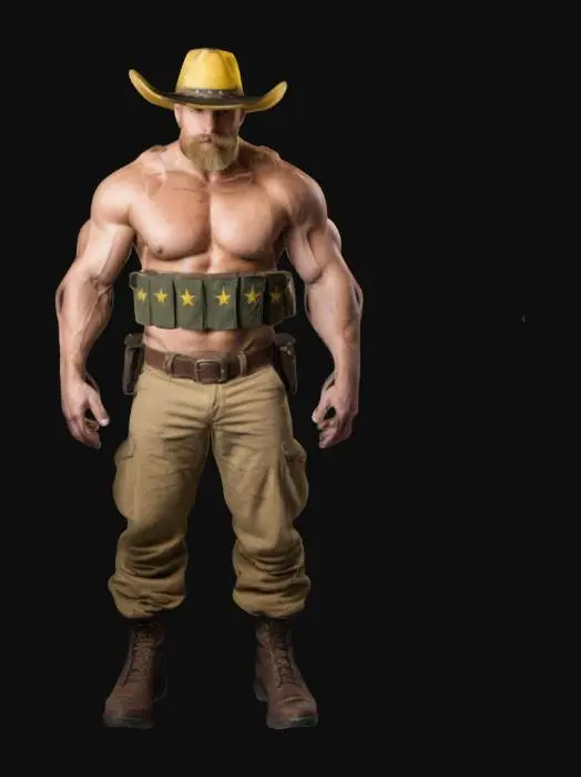 3D model for kaslı biraz  adam olsun yaş 35 sarı saçlı sakallı askeri kıyafet olsun kovboy şapkası olsun