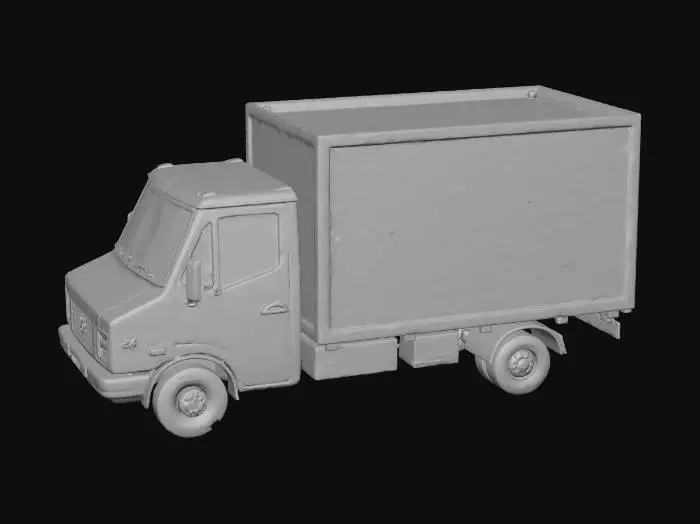 3D model for i would like a UK delivery van with 4 wheels, the cabin should be white and the back part if the truck red.  It should have the number plate 5cr1pt.  On the side of the truck a logo of a white scroll.  It should be high detail and realistic.  It should have chrome alloys