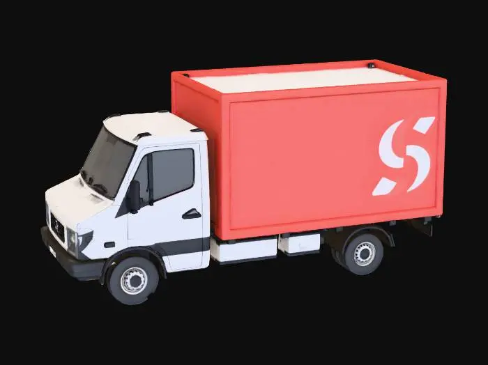 3D model for i would like a UK delivery van with 4 wheels, the cabin should be white and the back part if the truck red.  It should have the number plate 5cr1pt.  On the side of the truck a logo of a white scroll.  It should be high detail and realistic.  It should have chrome alloys