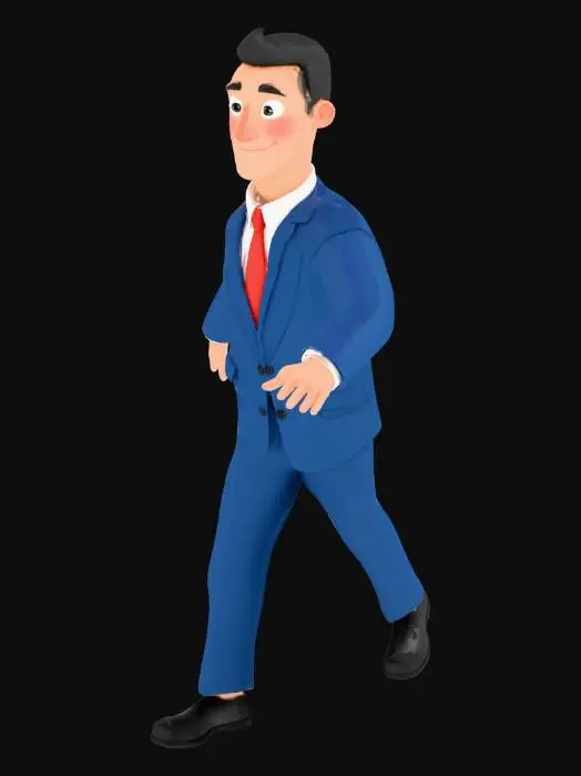 3D model for Create a full-body Pixar-style male university lecturer character standing in a clean T-pose for rigging. He is wearing a smart blue suit, a red tie, a white shirt, and black dress shoes. The character should have friendly, expressive Pixar-like proportions with a stylized face, slightly exaggerated features, and smooth surfaces. Ensure the pose is perfectly symmetrical with arms extended horizontally and legs slightly apart. Keep the clothing simple and form-fitting so the limbs are clearly visible for rigging. Produce clean quad topology suitable for animation, with no overlapping geometry.