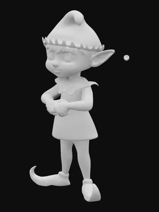 3D model for #christmas#, cute little boy elf in a T-pose with long arms and long legs and a long skinny torso, big ears, red dress with a regular zig zag collar, striped white and red pants and an hat, pointy shoes, elf on the shelf, Full Body, vibrant colors slightly muted, well lit, smooth shading, chunky sculpted details, textures and surfaces look distressed with some wear and tear, highest detail