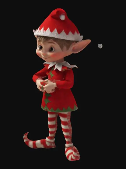 3D model for #christmas#, cute little boy elf in a T-pose with long arms and long legs and a long skinny torso, big ears, red dress with a regular zig zag collar, striped white and red pants and an hat, pointy shoes, elf on the shelf, Full Body, vibrant colors slightly muted, well lit, smooth shading, chunky sculpted details, textures and surfaces look distressed with some wear and tear, highest detail