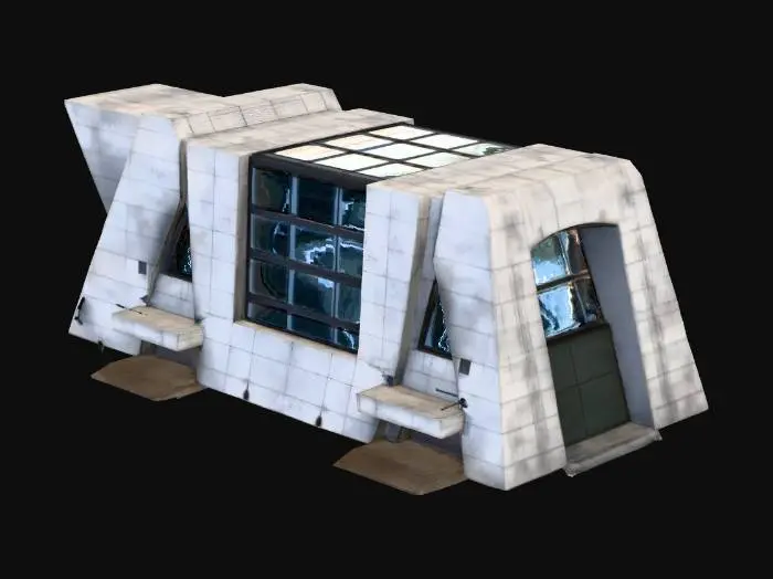 3D model for A secret government research facility complex where top secret time travel research had been occurring. There is the research building, a few hatches for underground bunkers and a warehouse. Around the warehouse there is a shipping yard. The shipping yard has some trucks, shipping containers and boxes on pallets under tarps.

The setting is near future but war ravaged. This is in a remote area in the great plains. 

The area is large and will be the setting for an RTS map.