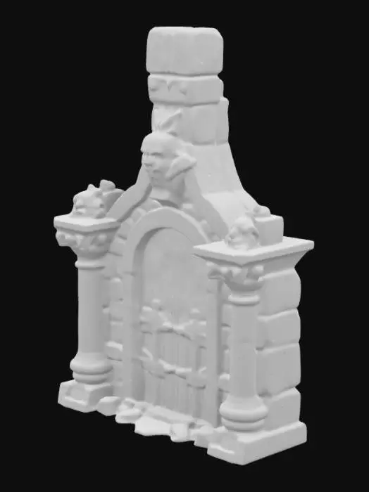 3D model for detailed 3D model of an ancient castle wall featuring a high-quality rock texture with realistic weathered surfaces. The wall should be robust, with two ornate pillars flanking both sides, supporting intricate carvings and decorative elements. At its center, include a large imposing arched door with aged metal accents and stone relief details. Emphasize realism, intricate textures,  and historical authenticity for a dramatic, fortress-inspired aesthetic. Render in ultra-high resolution