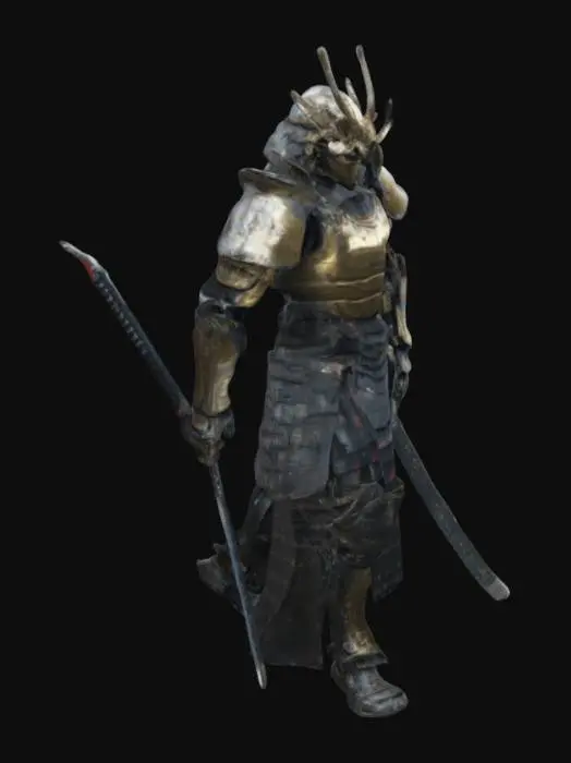 3D model for A towering warrior clad in futuristic samurai armor, complete with mechanical limbs, a plasma katan,high texture realist look , super resulation
