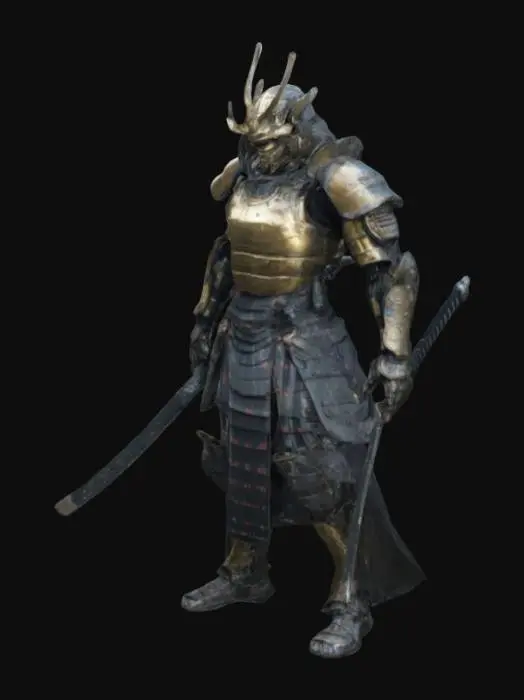 3D model for A towering warrior clad in futuristic samurai armor, complete with mechanical limbs, a plasma katan,high texture realist look , super resulation
