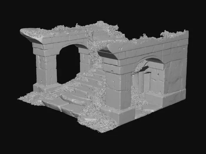 3D model for Créer un diorama de ruines avec un escalier de la végétation des rochers avec des fissures lumineuse verte pour rajouter des personnages