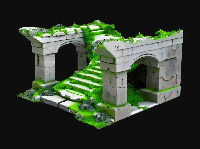 3D model for Créer un diorama de ruines avec un escalier de la végétation des rochers avec des fissures lumineuse verte pour rajouter des personnages