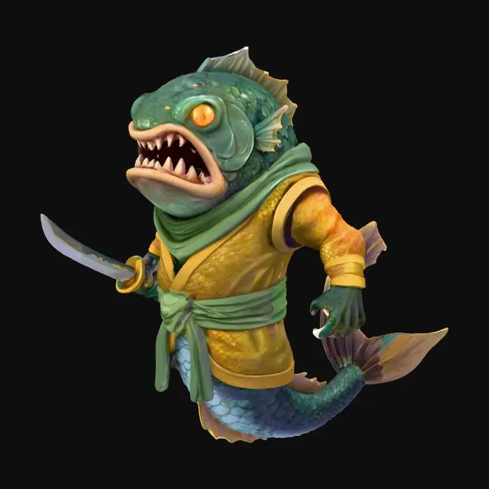 3D model for 3D model of a fierce - looking, anthropomorphic fish monster. It has a large, dark - colored fish head with sharp teeth, wide - open mouth, and bright yellow eyes. The body is a mix of fish and humanoid features, wearing a traditional - style outfit with a brown top adorned with a green scarf around the neck, and a green sash around the waist. It has fish fins as arms, with one hand holding a small sword, and fish - like lower body with fins and a tail. The overall style is cartoonish and vivid, with bold colors and detailed textures.