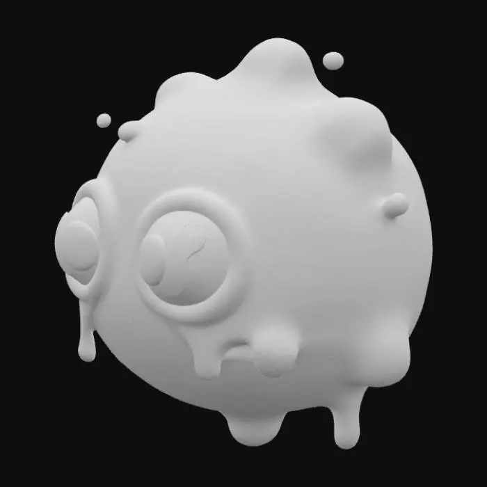 3D model for A cute 3D creature, jelly-like and translucent with a gradient of green and blue hues. It has large, glossy pink eyes, small blob - like protrusions on its head, and dripping, gooey elements around its body. The background is a soft gradient of warm colors, giving a whimsical and cartoonish style.