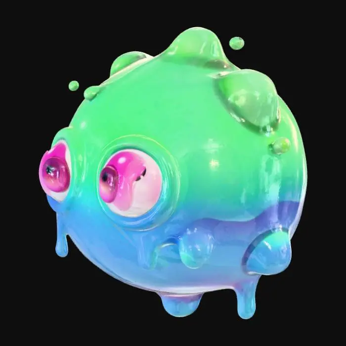 3D model for A cute 3D creature, jelly-like and translucent with a gradient of green and blue hues. It has large, glossy pink eyes, small blob - like protrusions on its head, and dripping, gooey elements around its body. The background is a soft gradient of warm colors, giving a whimsical and cartoonish style.