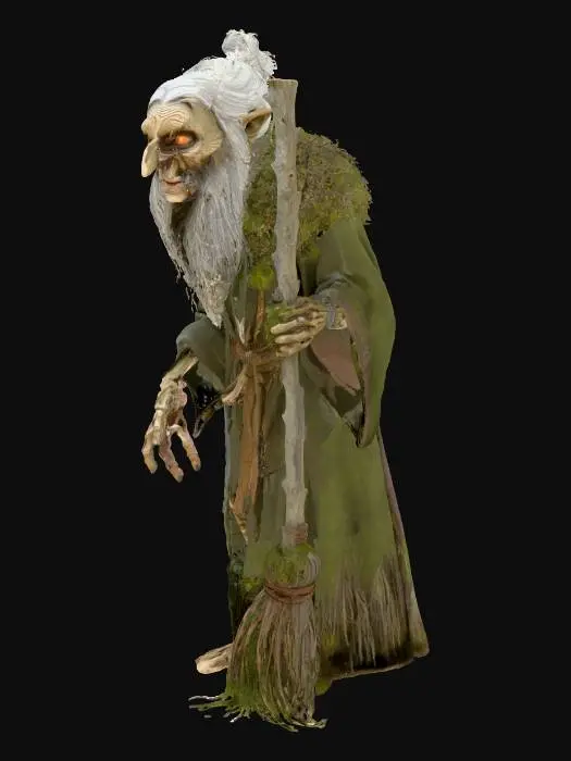 3D model for Stylized 3D model of Baba Yaga, the ancient Slavic forest witch. She is a tall, hunched old woman with skeletal limbs, a long hooked nose, glowing eyes, and iron teeth. Her hair is gray and wild, like tree roots. She wears a patchwork robe made of moss, fur, and tattered cloth. One hand holds a massive pestle, and the other grips a crooked birch broom. She stands near her house — a hut on giant chicken legs — surrounded by a fence made of bones and skulls. The environment is dark and twisted, with gnarled trees and mist. Designed as a dark fantasy NPC for a horror or folklore-inspired game.