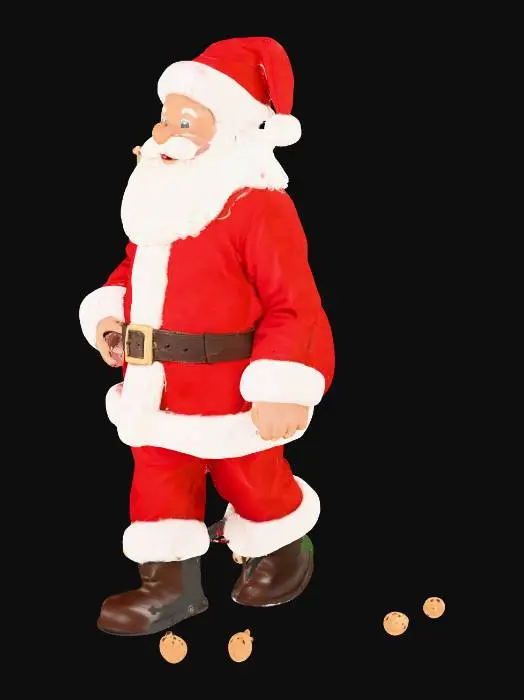 3D model for Make Santa Claus with his iconic bag with presents. He is in a house and walking to a christmas tree. Next to the christmas tree are some cookies and milk ready for him