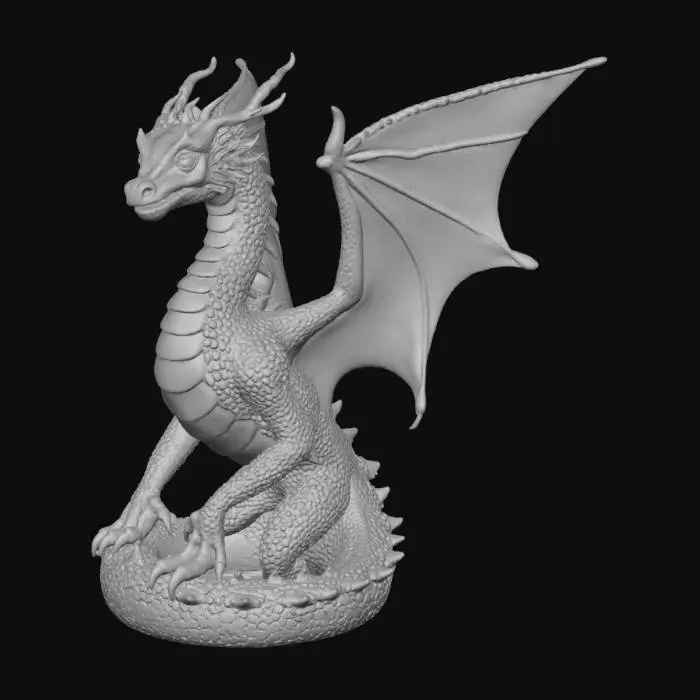 3D model for A majestic dragon features a graceful, serpentine body, clad in lustrous deep blue scales that catch the light with a subtle, pearlescent sheen. Its expansive, leathery wings are a darker shade of blue, displaying a fine, pliable texture. Bright, intelligent emerald green eyes gleam softly from its noble and expressive face. The creature’s form is powerful yet elegant, suggesting a poised and perhaps slightly curved posture, with smooth but firm scales to the touch.