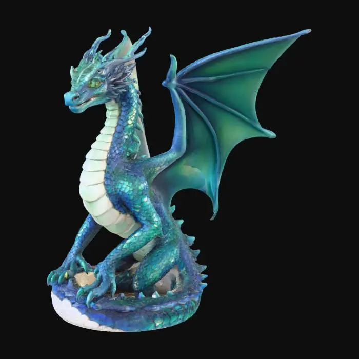 3D model for A majestic dragon features a graceful, serpentine body, clad in lustrous deep blue scales that catch the light with a subtle, pearlescent sheen. Its expansive, leathery wings are a darker shade of blue, displaying a fine, pliable texture. Bright, intelligent emerald green eyes gleam softly from its noble and expressive face. The creature’s form is powerful yet elegant, suggesting a poised and perhaps slightly curved posture, with smooth but firm scales to the touch.