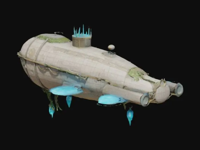 3D model for An ancient ethereal skyship hovering above the clouds, seemingly defying physics. Its hull is crafted from a mysterious stone-like material, covered in glowing arcane symbols that shift and pulsate with energy. Instead of traditional sails, massive floating crystals emit a soft blue glow, creating an anti-gravity effect. The ship's deck is lined with intricate, vine-covered engravings, as if nature and technology have merged into one. 